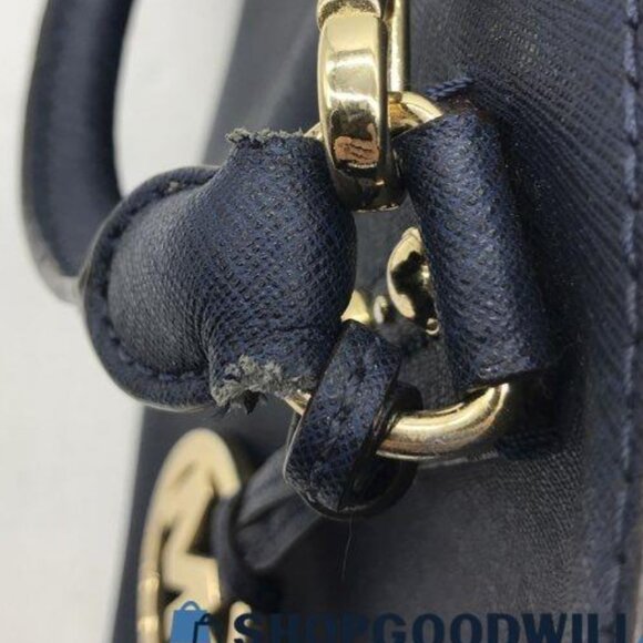 Michael Kors Saffiano Leather Satchel Crossbody Navy Gold MK Charm - Picture 13 of 13